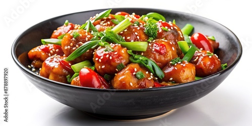Vibrant vegetables in Manchurian sauce artfully arranged in a black bowl, garnished with green onions and sesame seeds, against a clean white background. © Adisorn