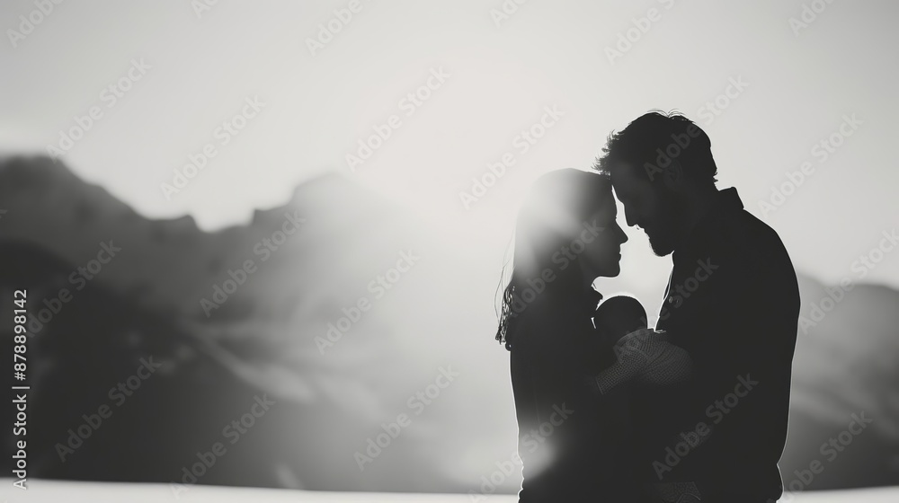 Black and white silhouette of a romantic couple embracing in front of a mountain landscape with the sun shining behind them. Black and white silhouette of a romantic couple embracing in front of a mountain landscape with the sun shining behind them.