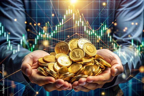 Golden coins overflowing from hands, surrounded by scattered cryptocurrency tokens, with trading charts and graphs displaying upward trends in the background, symbolizing lucrative investments. photo