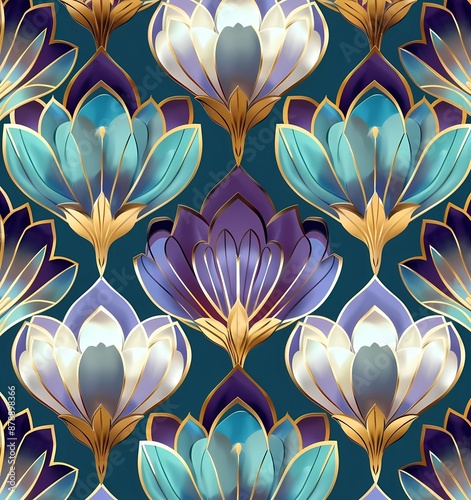 A seamless pattern with gold foil flowers and a paper cut-out effect, inspired in the style of Art Deco style and flat design