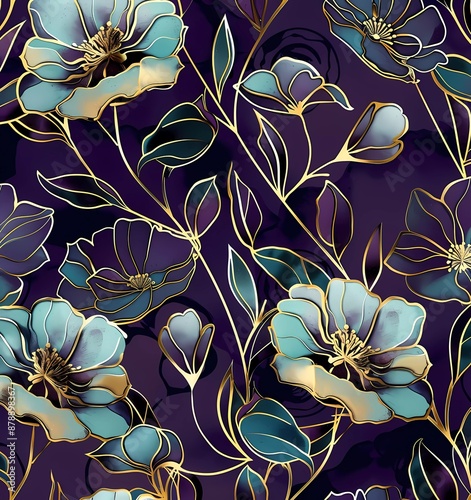 A seamless pattern with gold foil flowers and a paper cut-out effect, inspired in the style of Art Deco style and flat design