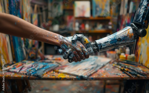 Paint-splattered AI robot and human handshake in an art studio representing the fusion of technology and creativity with artistic backgrounds