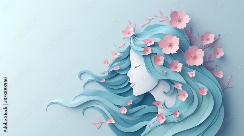 Obraz premium A tranquil and artistic 3d paper art depiction of a female face with flowing hair and flowers symbolizing beauty serenity and artistic expression
