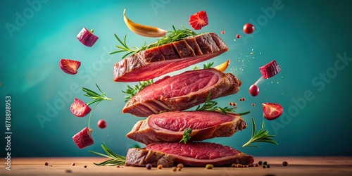 Vibrant pastel hues backdrop showcases levitating juicy flat beef steak cut pieces, medium rare and perfectly separated, in a surreal culinary masterpiece arrangement.