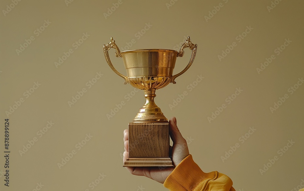 A hand holding a golden trophy against a beige background symbolizing achievement and success in a minimalist style representing victory and excellence A hand holding a golden trophy against a beige background symbolizing achievement and success in a minimalist style representing victory and excellence