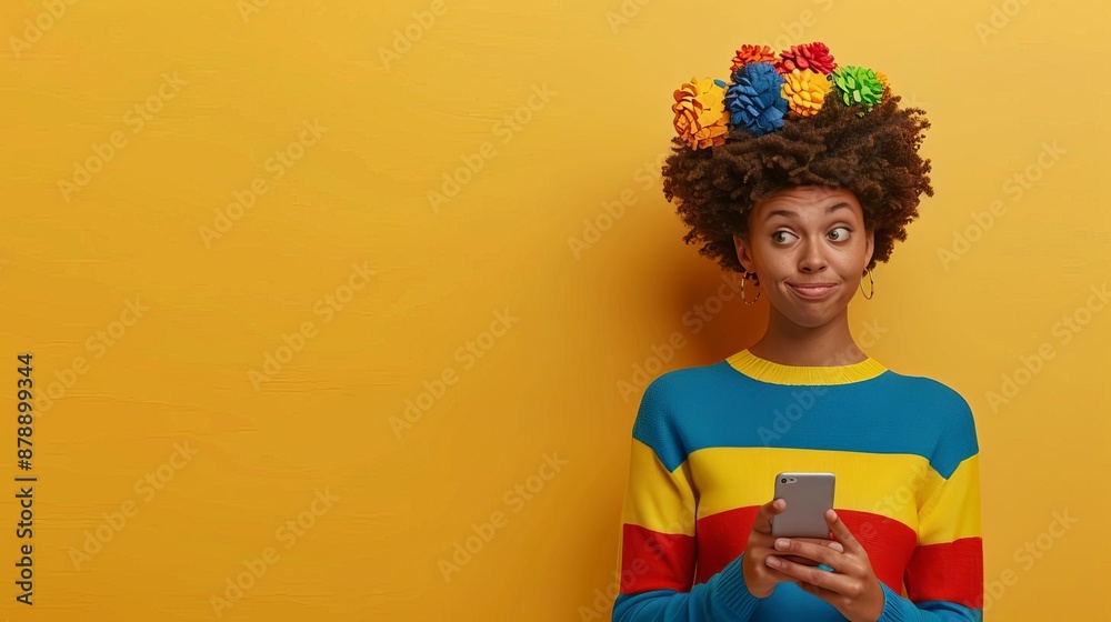 Cheerful person with colorful hairstyle using smartphone against vibrant yellow background, expressing playful and happy mood. Cheerful person with colorful hairstyle using smartphone against vibrant yellow background, expressing playful and happy mood.