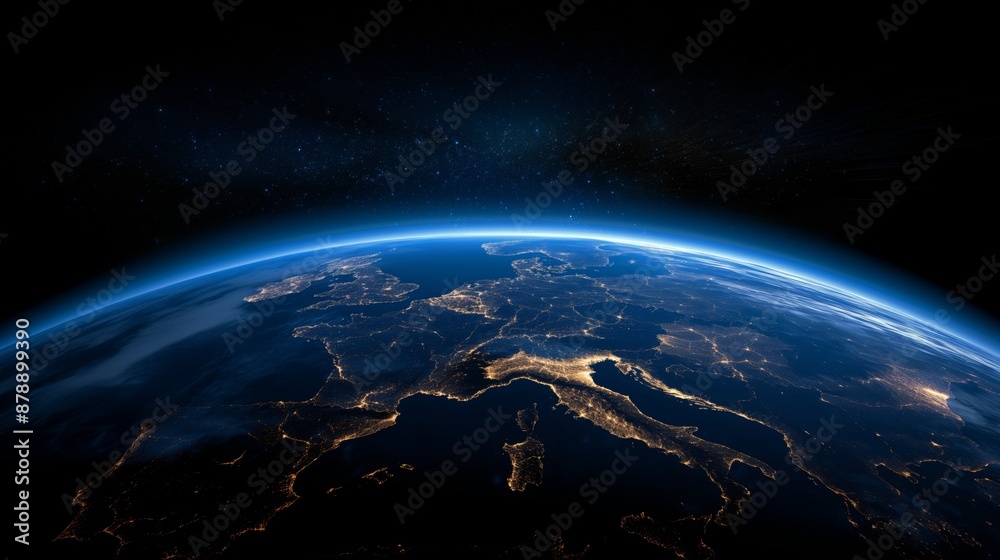 Obraz premium Earth from space at night with city lights highlighting continents and natural features, providing a stunning view of our planet's vibrant human activity and geography
