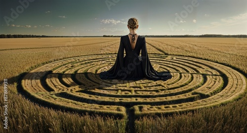 A woman meditating next to crop circles photo