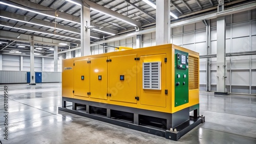 A standalone diesel generator set with fuel tank and control panel, prepared for emergency power supply, sits on a concrete floor in a bright interior space. photo