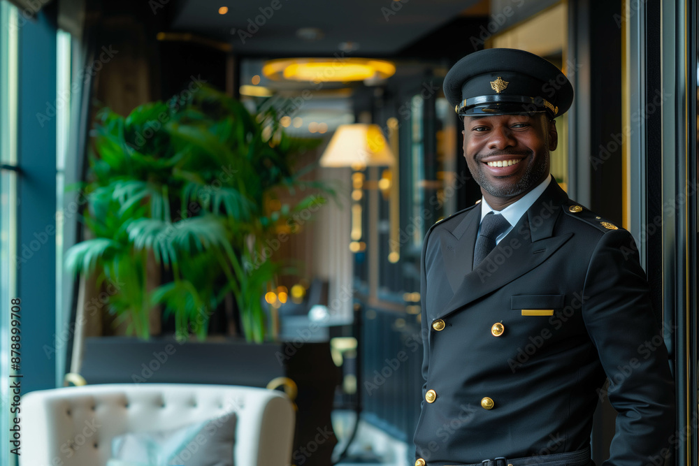 Radiant doorman with a welcoming smile at hotel entrance Radiant doorman with a welcoming smile at hotel entrance