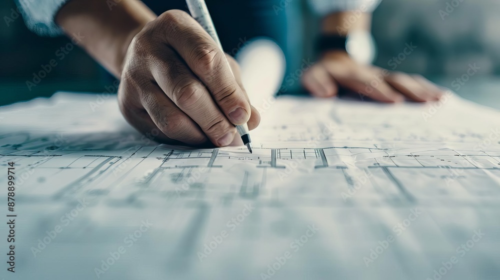 Close-up of an architect's hand drawing on a blueprint, focusing on design and precision in the planning phase of a building project. Close-up of an architect's hand drawing on a blueprint, focusing on design and precision in the planning phase of a building project.