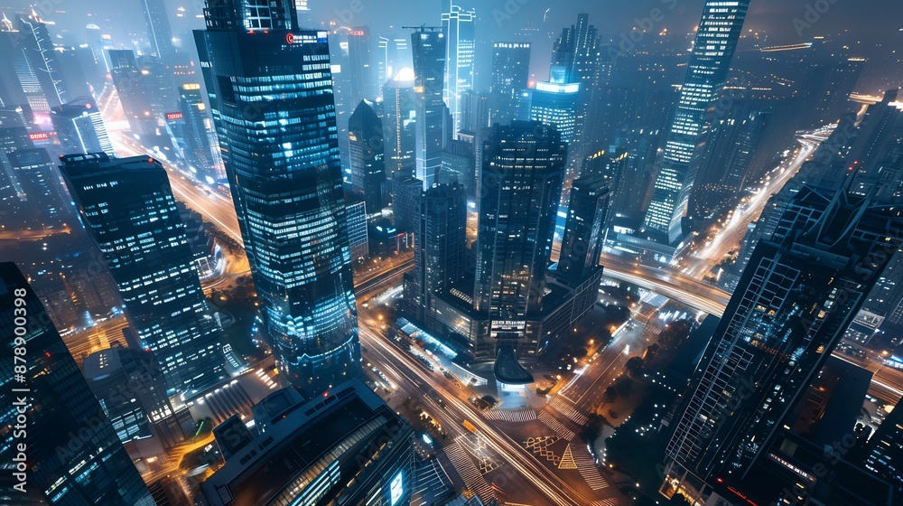 Aerial View of a City Skyline at Night Aerial View of a City Skyline at Night