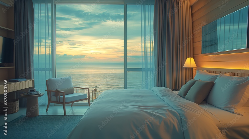 Fototapeta premium Cozy modern bedroom with ocean view sunrise serene relaxation tranquility concept