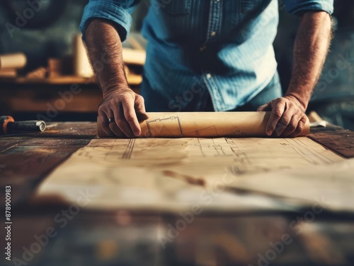 Craftsman's hands unraveling a blueprint on a wooden table, symbolizing creativity, hands-on work, and design in a workshop setting.