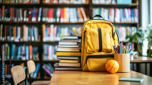 Back to school concept with school books, textbooks backpack and stationery supplies on classroom desk with library or class background