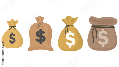 Money bag flat icon set isolated on white background.