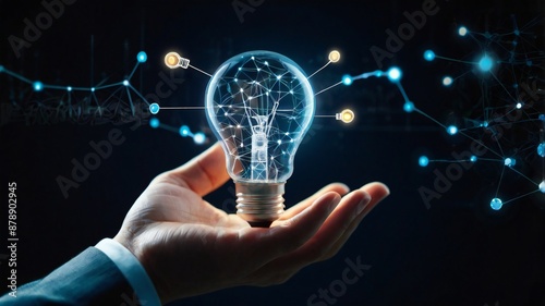 Businessman hand holding creative light bulb with industry network, analysis solution and development marketing network icons
