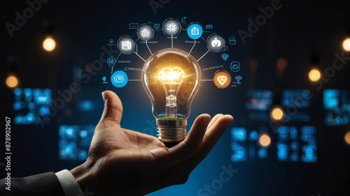 Businessman hand holding creative light bulb with industry network, analysis solution and development marketing network icons
