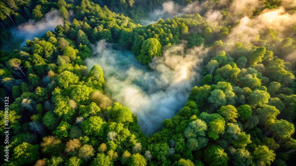Dramatic aerial view of lush green forest with subtle heart shape revealed through misty clouds and dappled sunlight filtering through trees. Dramatic aerial view of lush green forest with subtle heart shape revealed through misty clouds and dappled sunlight filtering through trees.