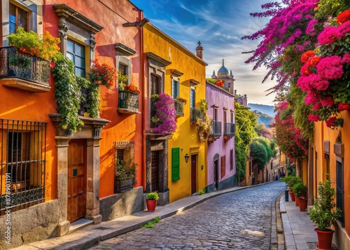 Vibrant colonial architecture lines cobblestone streets, adorned with blooming flowers, ornate balconies, and brightly colored facades, showcasing San Miguel de Allende's charming Mexican heritage. photo