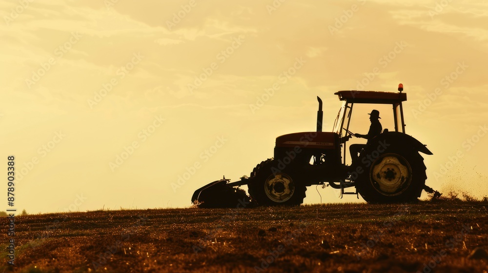 Fototapeta premium Silhouette of a tractor working in a field at sunset.