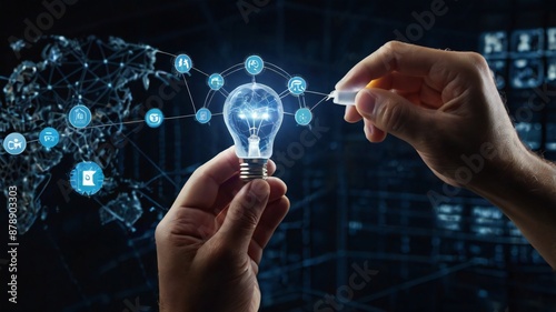 Businessman hand holding creative light bulb with industry network, analysis solution and development marketing network icons
