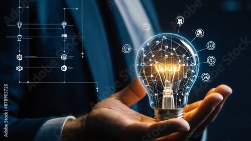 Businessman hand holding creative light bulb with industry network, analysis solution and development marketing network icons
