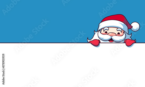 Cute Santa Claus peeking of blank sign, board, card or letter.  Merry Christmas and Happy New Year. Cute cartoon vector illustration. Template for banner, greeting card or letter with copy space