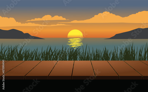 Tranquil lake sunset view with wooden dock