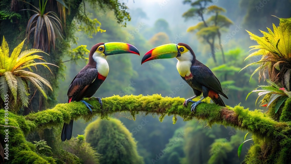 Fototapeta premium Vibrant two toucan birds perch on a moss-covered tree branch amidst lush green foliage in a misty rainforest jungle atmosphere.