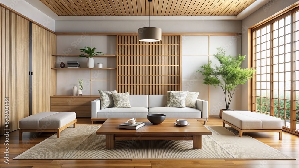 Minimalist Japanese modern living room interior featuring square coffee table near white sofa and rustic cabinets against white wall. Minimalist Japanese modern living room interior featuring square coffee table near white sofa and rustic cabinets against white wall.