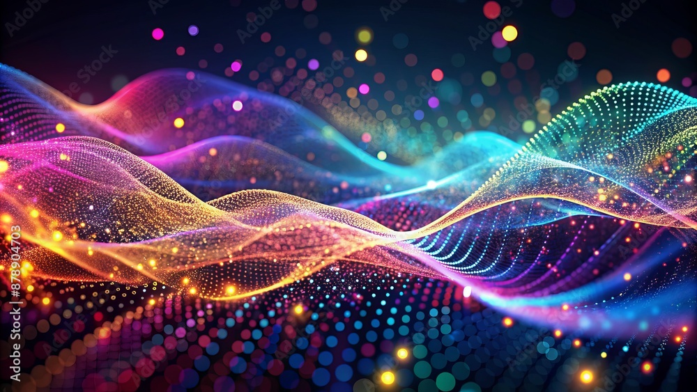 Vibrant abstract wave composed of dynamic dots and lines flowing with futuristic cyber technology particles in a stunning 3D rendering. Vibrant abstract wave composed of dynamic dots and lines flowing with futuristic cyber technology particles in a stunning 3D rendering.