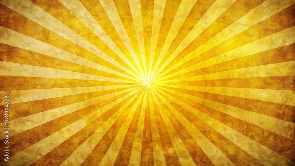 Fototapeta premium Warm vibrant yellow sun rays bursting from center on distressed paper textured background with elegant abstract pattern design.
