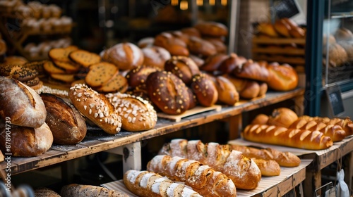 Freshly Baked Bread Displayed on Wooden Shelves in a Bakery