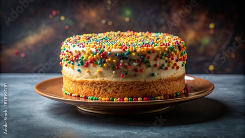 Richly frosted cake with velvety smooth texture and vibrant colorful sprinkles resting on a elegant ceramic plate on a dark background.