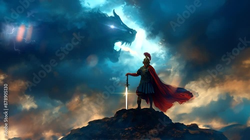 Spartan warrior with sword atop hill on monster background. Seamless loop video background