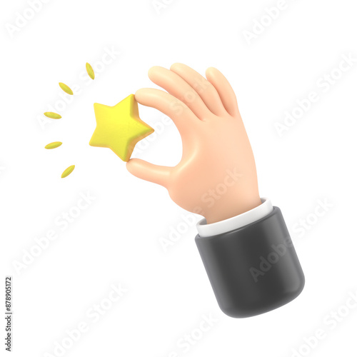Transparent Backgrounds Mock-up. 3d hand hold star icon.gold positive customer rate illustration,Supports PNG files with transparent backgrounds.