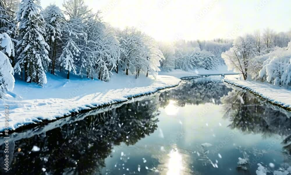 Winter landscape in hoarfrost everywhere.Mostly calm winter river, surrounded by trees covered with hoarfrost and snow that falls on a beautiful morning light Winter landscape in hoarfrost everywhere.Mostly calm winter river, surrounded by trees covered with hoarfrost and snow that falls on a beautiful morning light