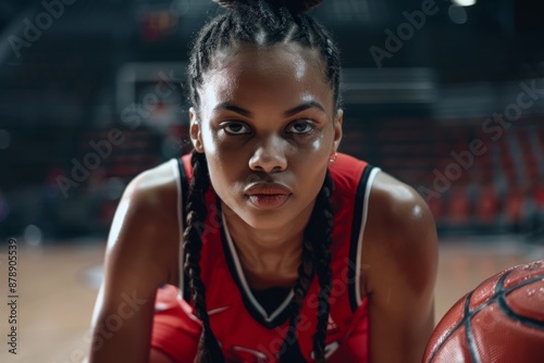 Woman basketball player on court during game wearing red uniform.