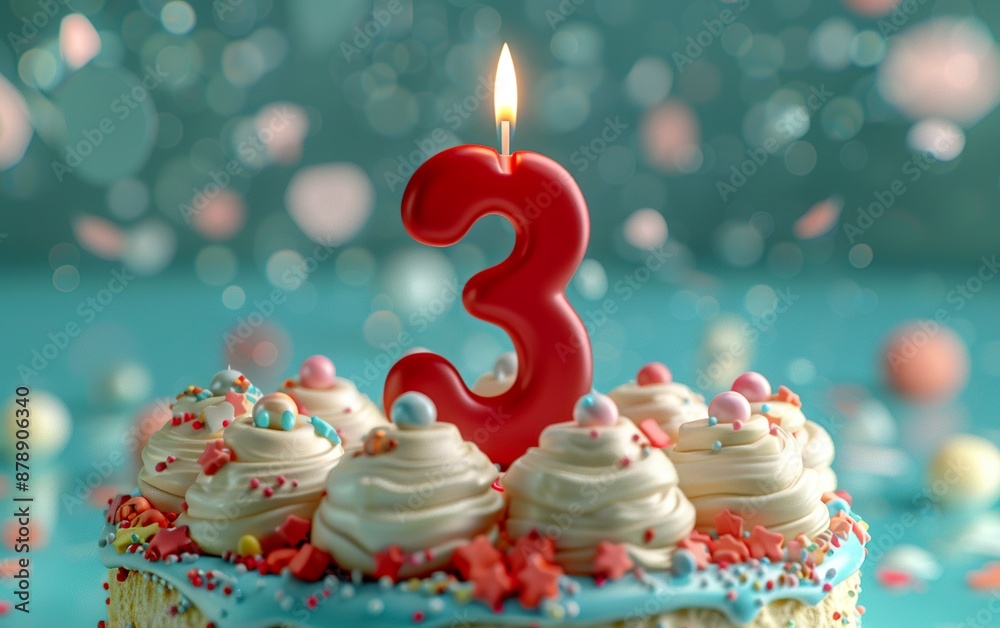 Cream cake in 3D animation style with number three. Close-up of a birthday cake with red candle and number three against solid color background