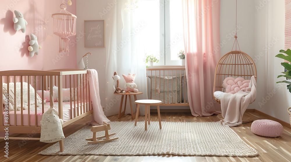 Poster Print Cozy pink nursery with trendy furniture wooden crib and table 40x22.2 cm