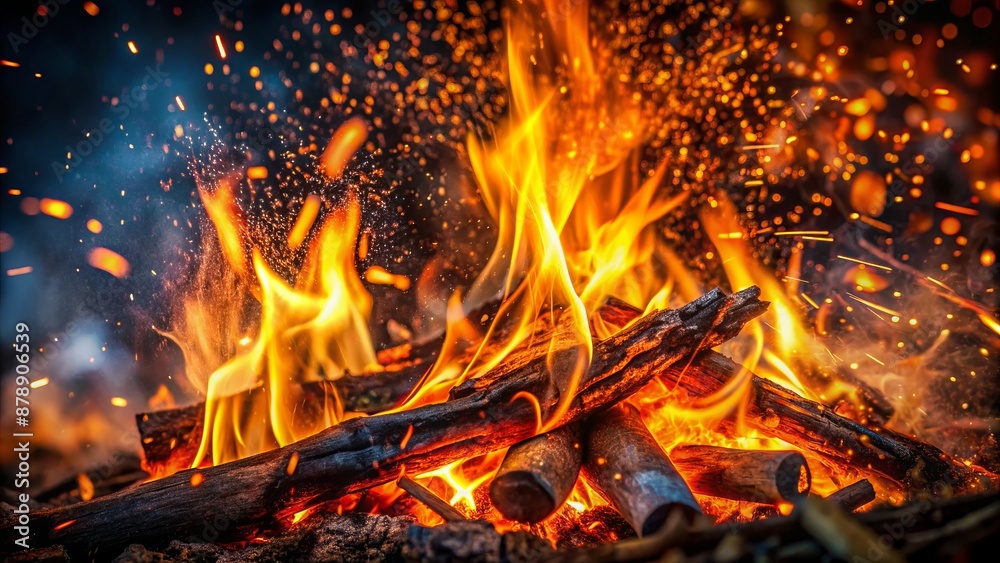 Vibrant orange flames with glowing embers and sparks ascending from a crackling fire amidst dark, smoky surroundings. Vibrant orange flames with glowing embers and sparks ascending from a crackling fire amidst dark, smoky surroundings.