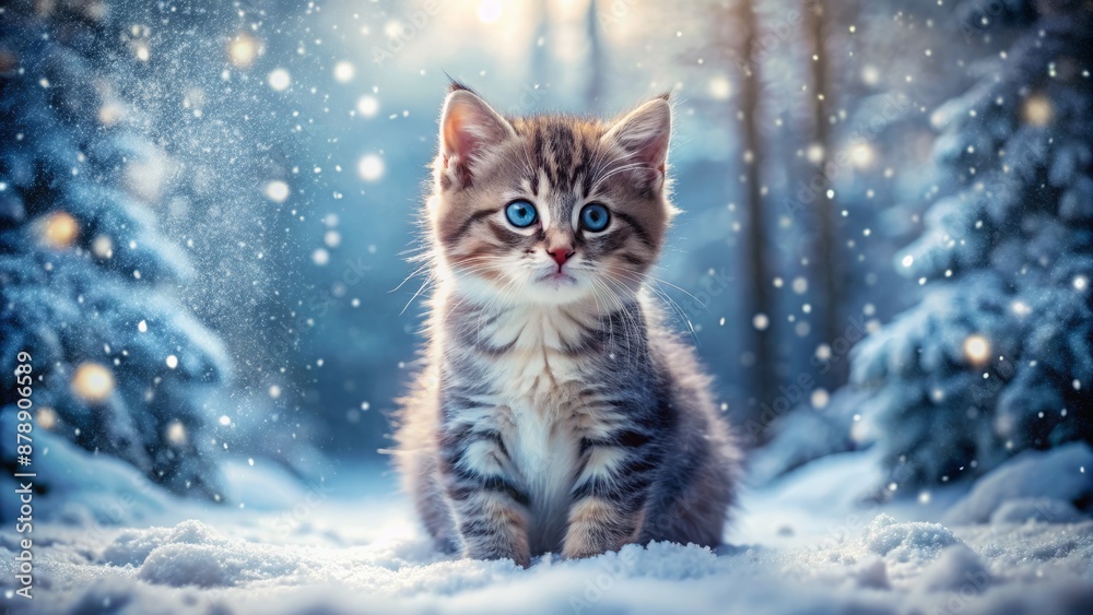 Adorable little grey and white kitten sits alone in winter wonderland surrounded by snowflakes gently falling on frozen forest floor. Adorable little grey and white kitten sits alone in winter wonderland surrounded by snowflakes gently falling on frozen forest floor.