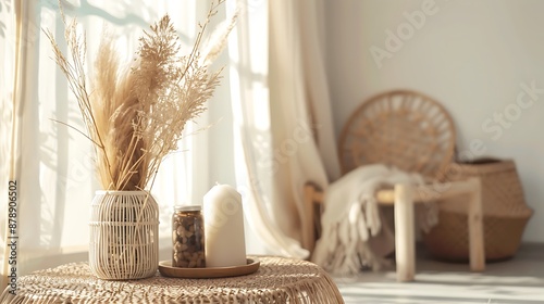 Cozycore or cottagecore concept, warm soft brown beige interior design objects. photo