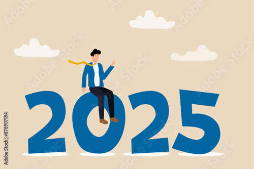 Year 2025 business outlook, vision to see the way forward, forecast, prediction and business success concept, businessman leader using telescope to see vision on top of ladder above year 2025