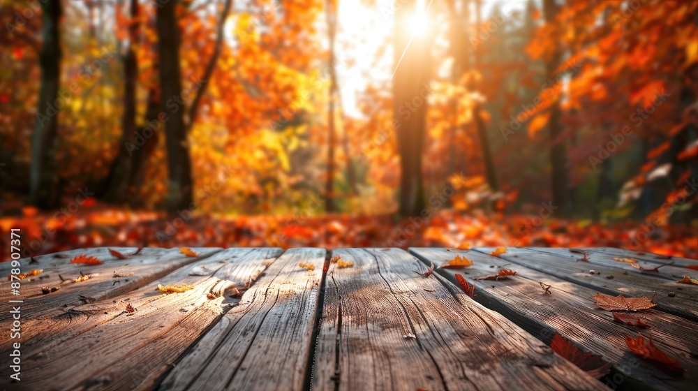A wooden table with a view of a forest in autumn A wooden table with a view of a forest in autumn