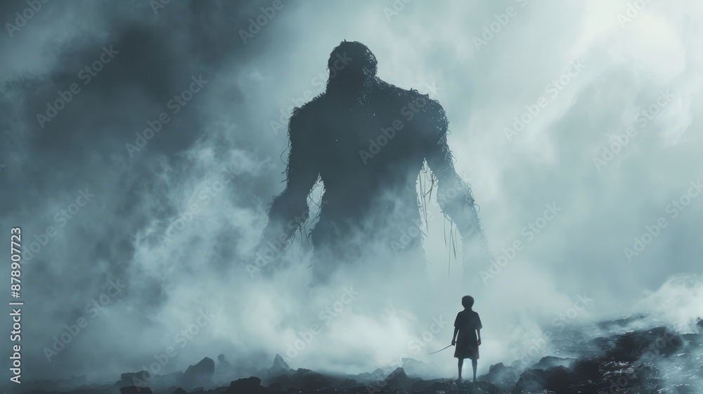A Small Figure Confronts a Giant in a Misty Landscape A Small Figure Confronts a Giant in a Misty Landscape