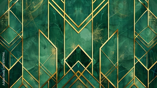 Art Deco pattern with gold lines on emerald green background photo