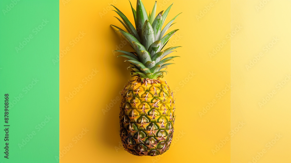 Ripe pineapple isolated on yellow background. ripe pineapple, pineapple on yellow, isolated pineapple, tropical fruit, fresh pineapple, pineapple close-up, juicy pineapple, pineapple background,