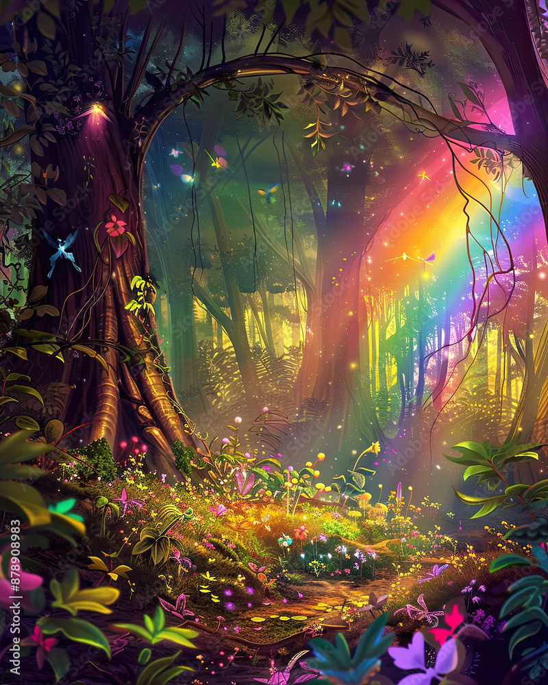 Glowing Forest Under Vibrant Rainbow